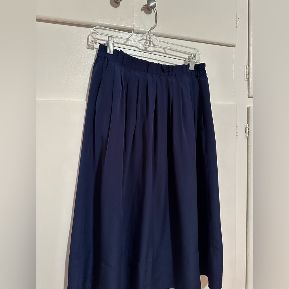 J. Crew Navy Blue Pleated Midi Skirt with Pockets